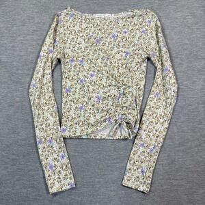 Antistar Top Women XS Green Floral Long Sleeve Ruched Tie‎ Hem Cottagecore